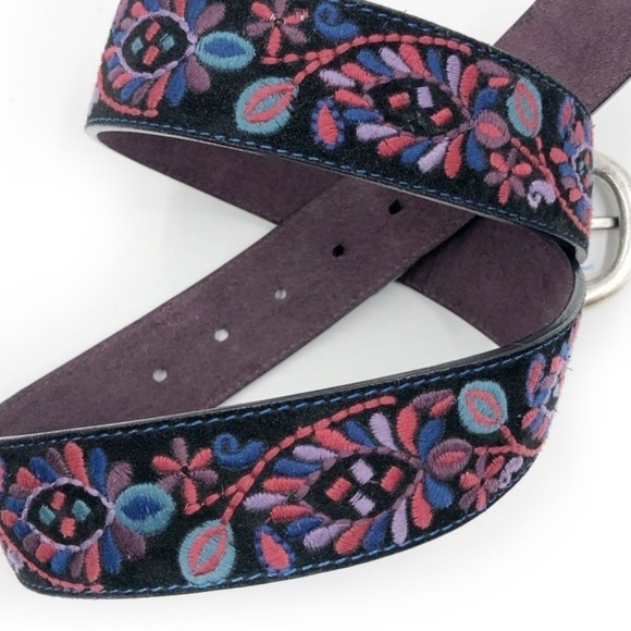 Lucky Brand Black Belt with Multicolor Embroidery and Silver Buckle